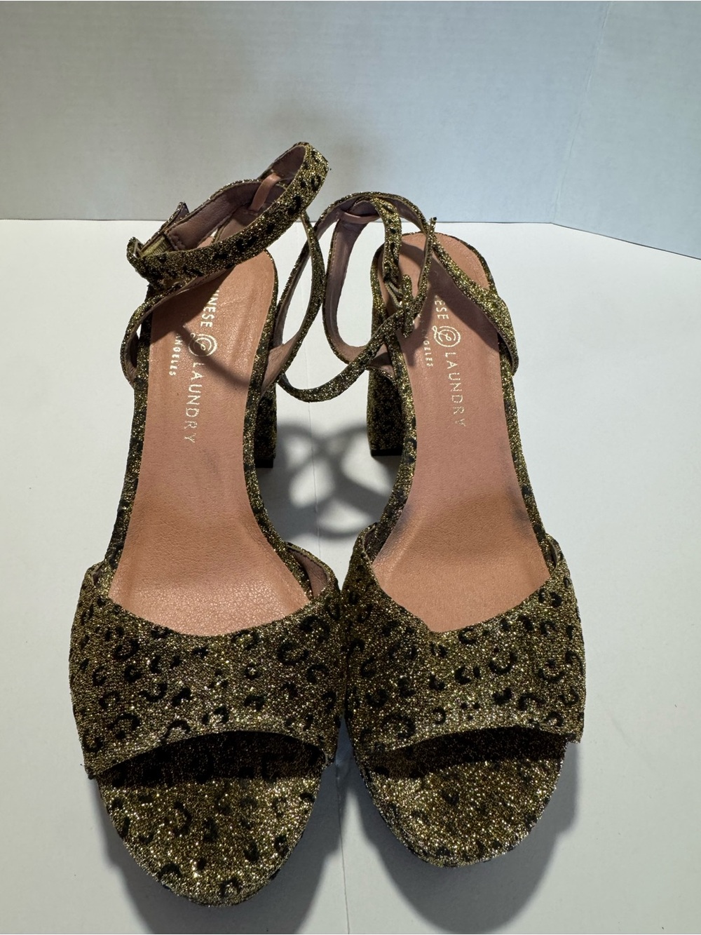 Chinese Laundry Gold Glitter Leopard Platform Sandals
